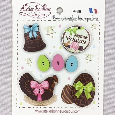 Decorative wooden button "Happy easter" pouch Atelier bonheur du jour