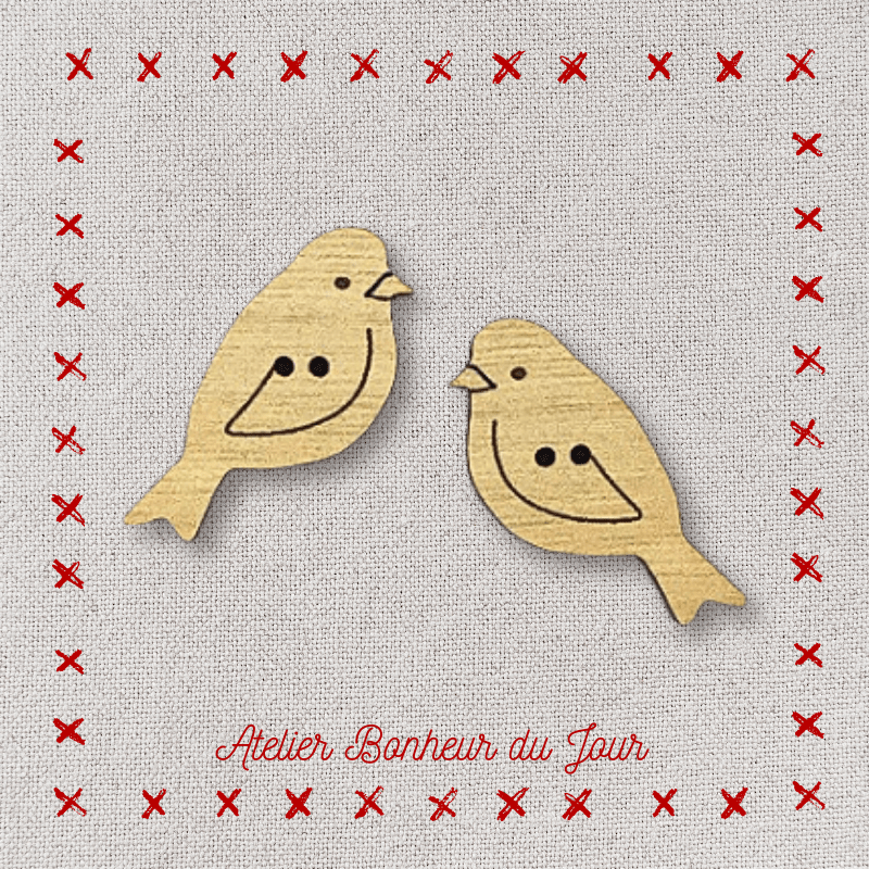 Decorative wooden button "Couple birds posed" Atelier bonheur du jour