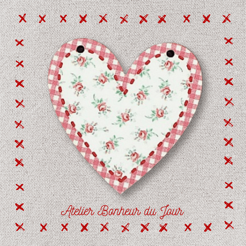 Decorative wooden buttons "Justine gingham heart” to hang Atelier bonheur du jour