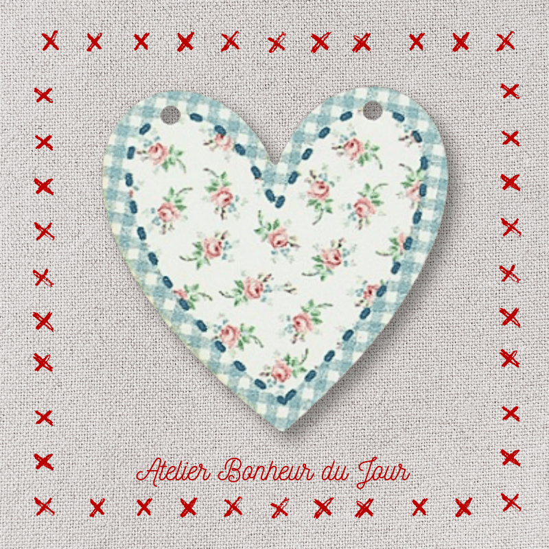 Decorative wooden buttons "Justine gingham heart” to hang Atelier bonheur du jour