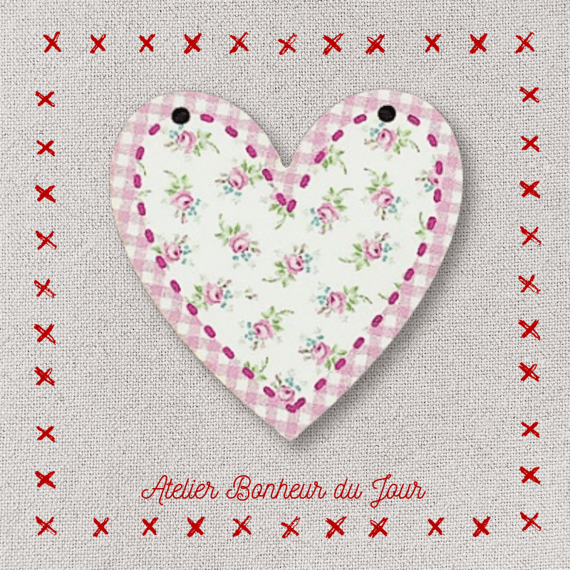 Decorative wooden buttons "Justine gingham heart” to hang Atelier bonheur du jour