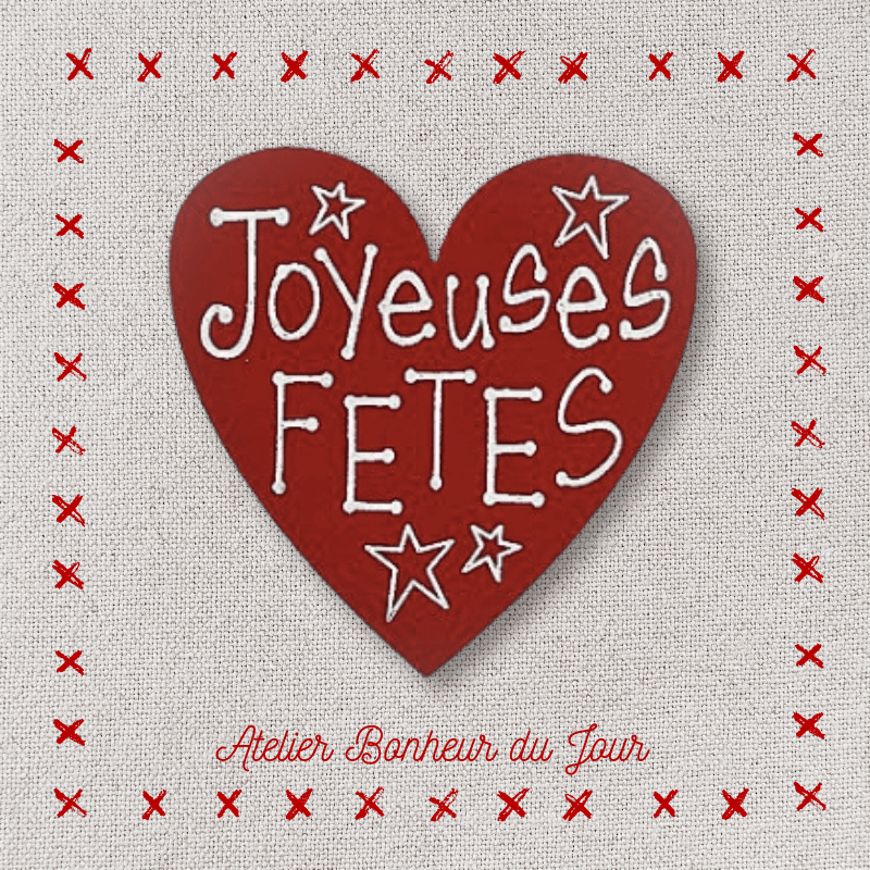 buton coeur  décoratif en bois "coeur joyeuses fêtes GM à coller" Atelier bonheur du jour