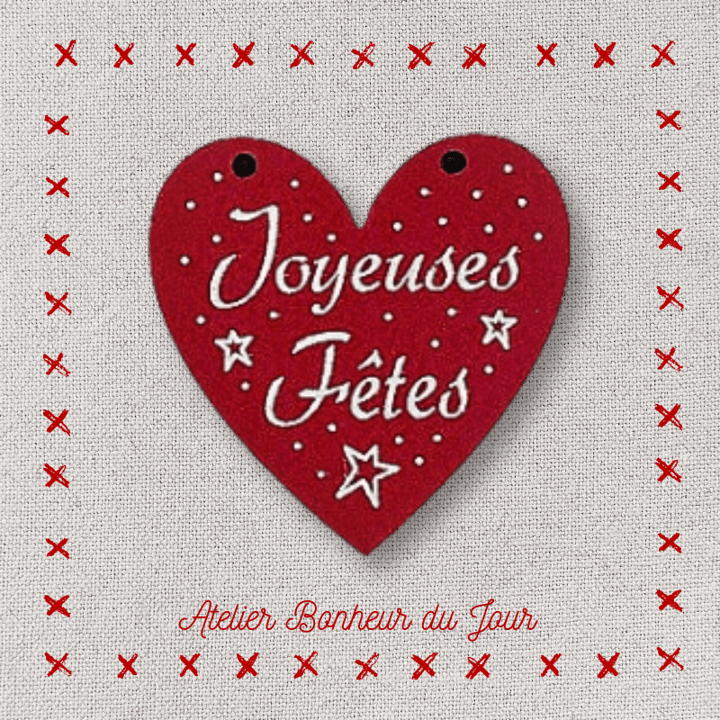 Bouton décoratif en bois "coeur joyeuses fêtes PM à suspendre" Atelier bonheur du jour