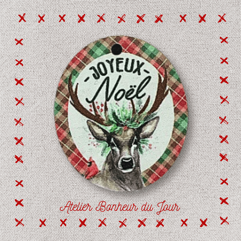 Decorative wooden button “Merry Christmas Deer” medallion to hang Atelier bonheur du jour