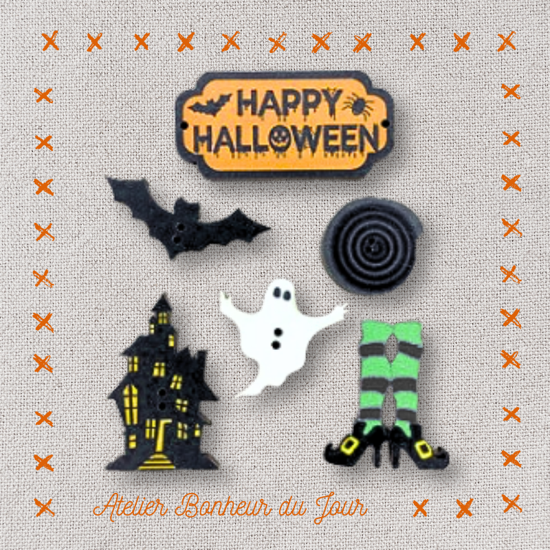 Mini pochette boutons décoratifs en bois "Happy Halloween" Atelier Bonheur du jour