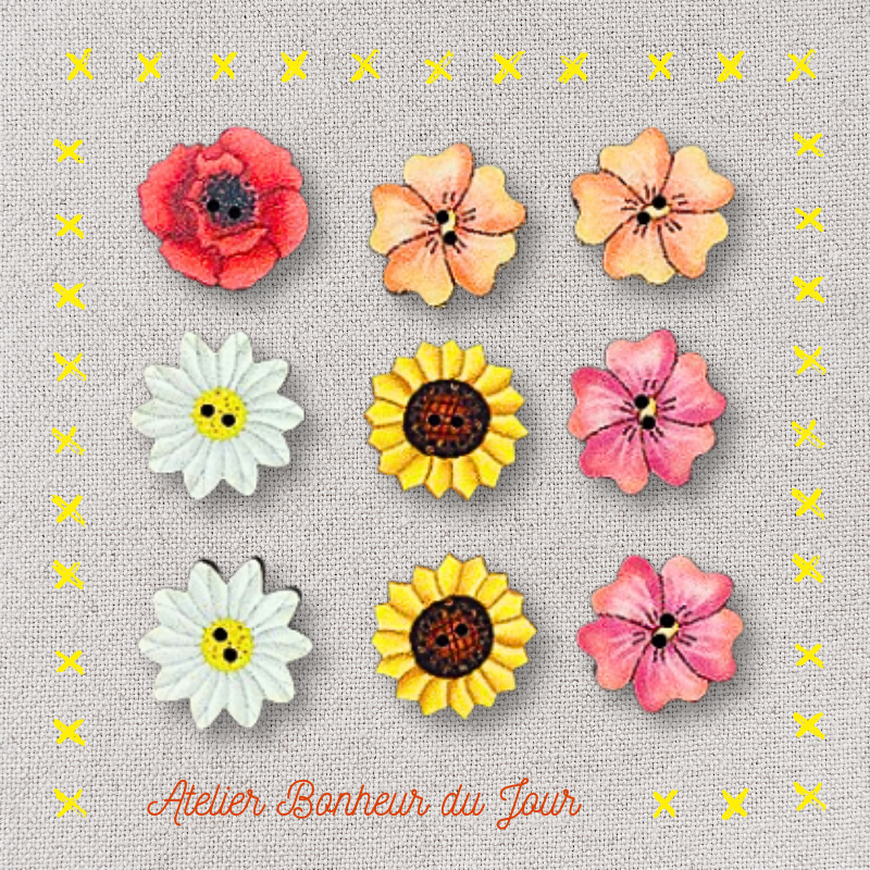 Mini pochette boutons bois "Fleurs et tournesols" atelier Bonheur du jour