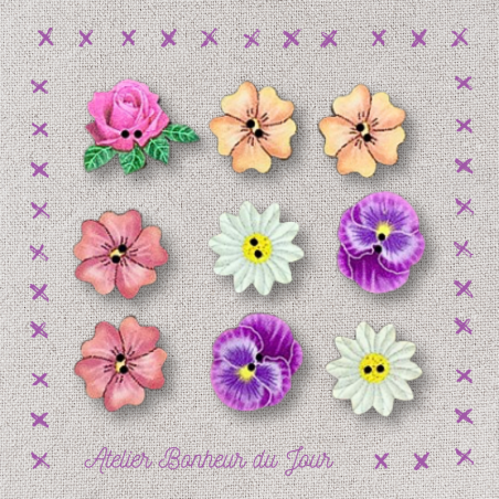 Mini pochette boutons décoratifs en bois "Fleurs et pensées" Atelier bonheur du jour