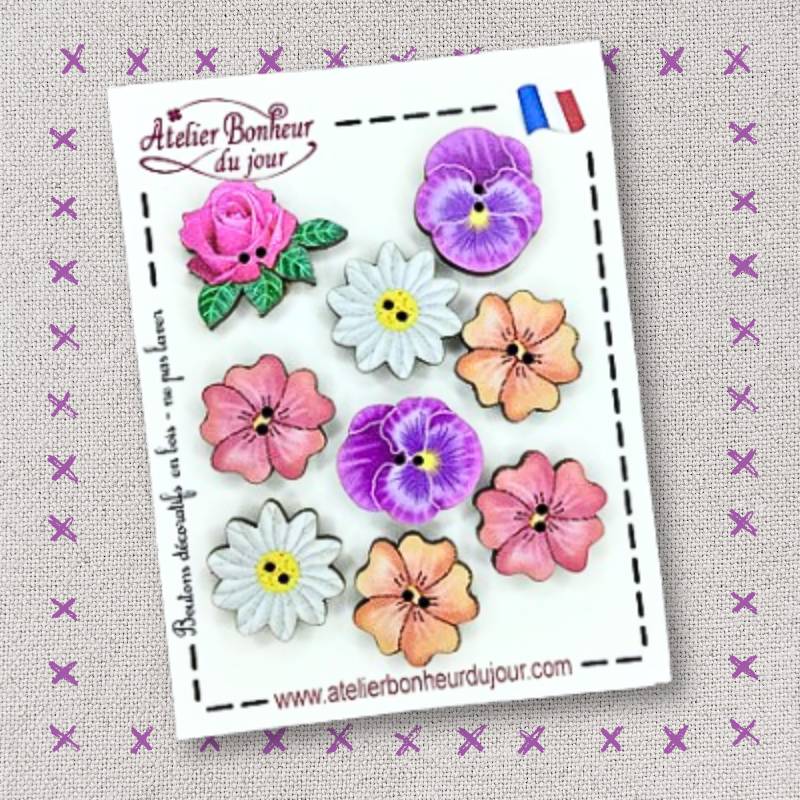 Mini pochette boutons bois "Fleurs et pensées" Atelier bonheur du jour