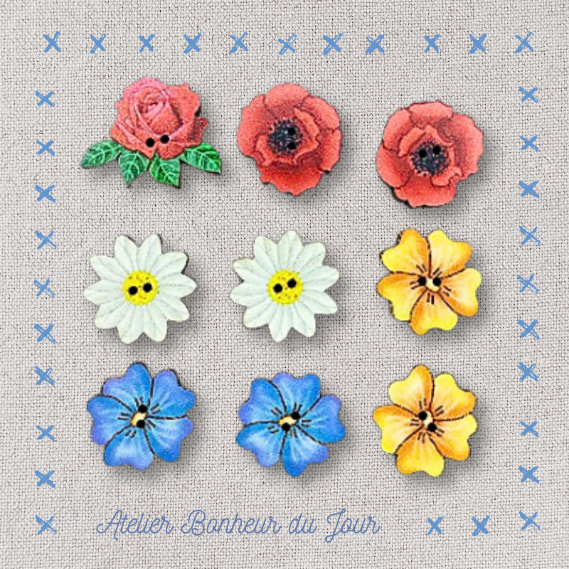 Mini pochette boutons décoratifs en bois "Fleurs et coquelicots" Atelier Bonheur du jour