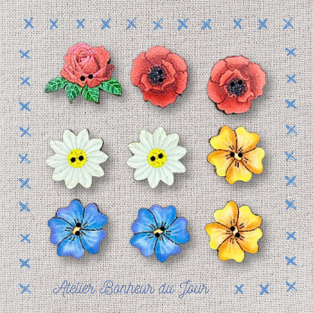 Decorative wooden button “Flowers and poppies" Atelier bonheur du jour