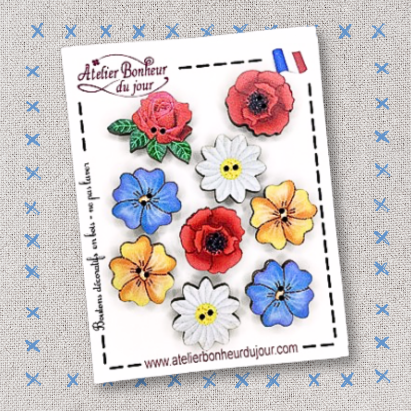 Mini pochette boutons bois  "Fleurs et coquelicots" Atelier Bonheur du jour