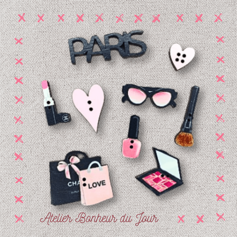 Mini pochette boutons décoratifs en bois "PARIS - LOVE" Atelier Bonheur du jour