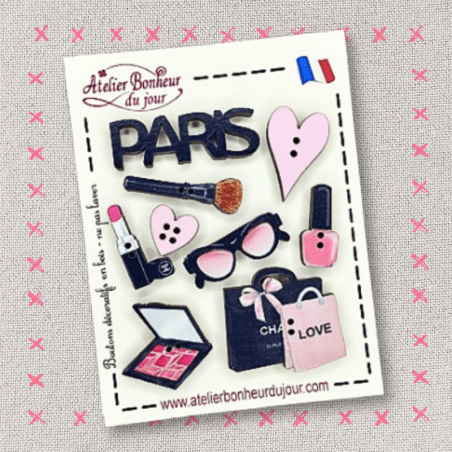 Decorative wooden button "Paris love" pouch Atelier bonheur du jour