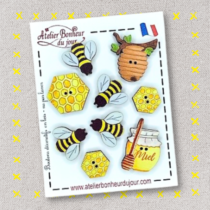 Decorative wooden button "Bees" pouch Atelier bonheur du jour