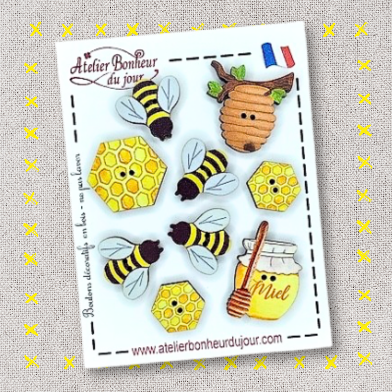 boutons bois en pochette "Les abeilles" Atelier Bonheur du jour