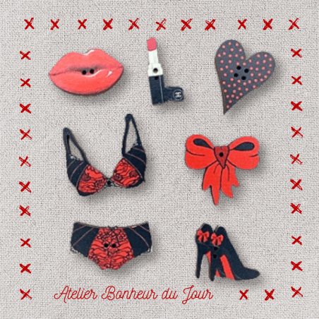 Mini pochette boutons décoratifs en bois "En rouge et noir" Atelier Bonheur du jour