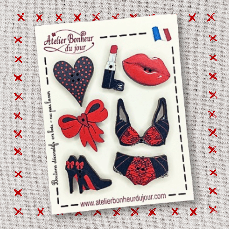 Mini pochette boutons bois "En rouge et noir" Atelier Bonheur du jour