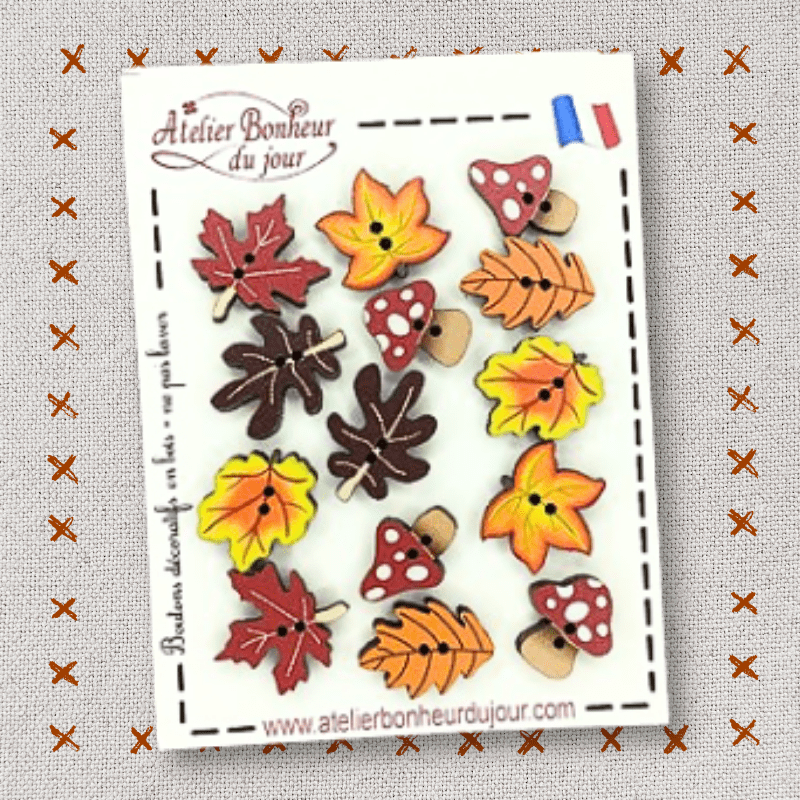 Decorative wooden button "Leaves and mushrooms" pouch Atelier bonheur du jour