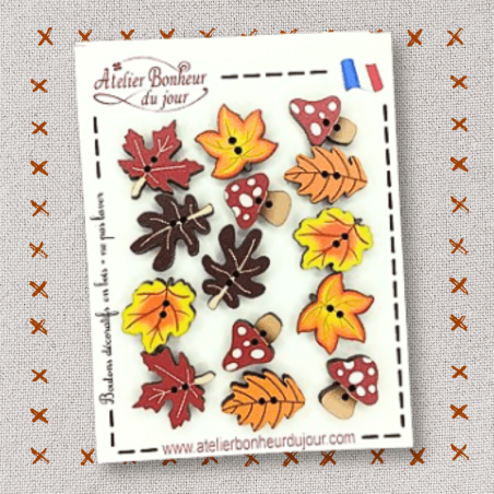 Mini pochette boutons décoratifs en bois "Feuilles et champignons" Atelier bonheur du jour