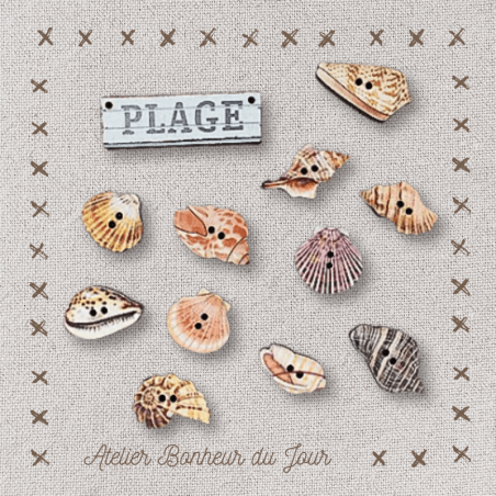 Decorative wooden buttons in pouch "Beach and shells" Atelier bonheur du jour