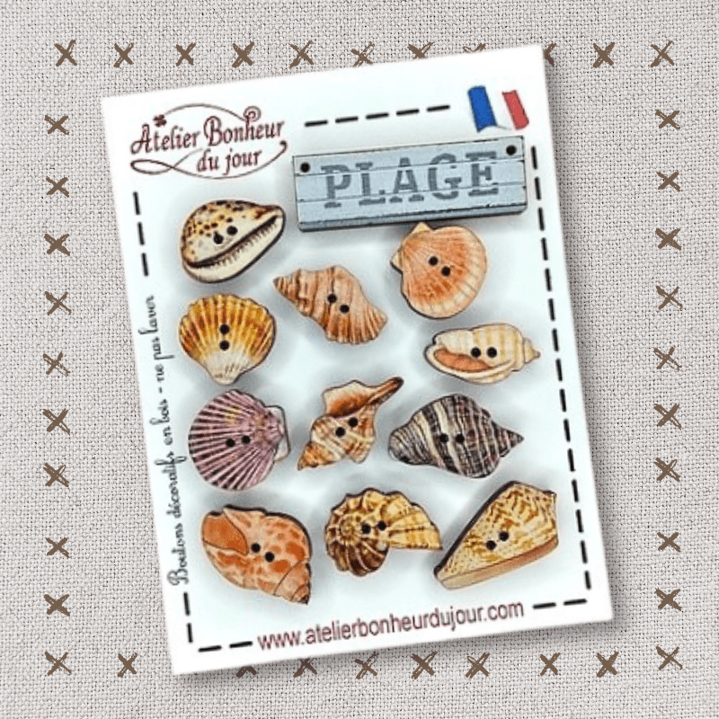 Decorative wooden buttons in pouch "Beach and shells" Atelier bonheur du jour