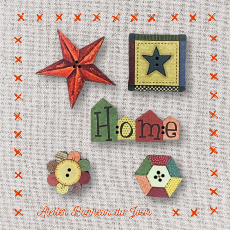 Decorative wooden buttons in pouch "Home patch" pouch Atelier bonheur du jour