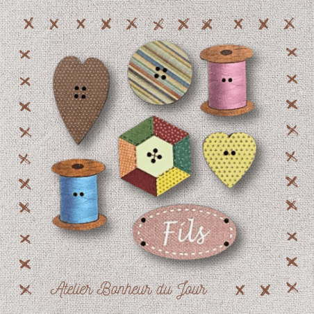 Decorative wooden button "Patch thread" pouch Atelier bonheur du jour