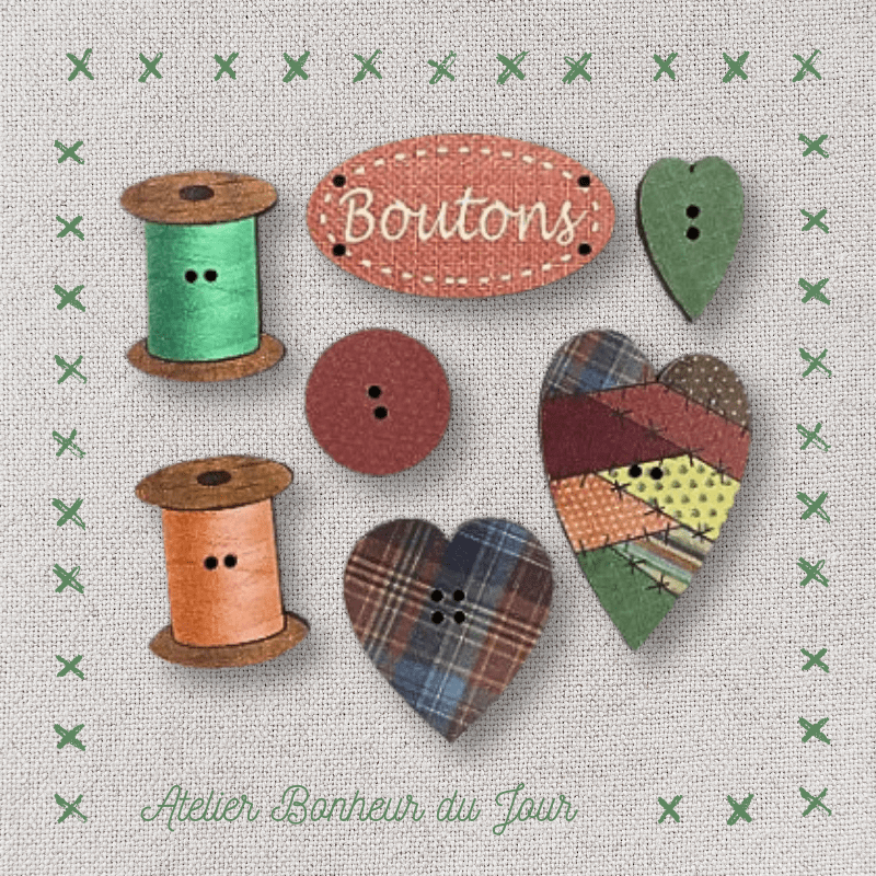 Decorative wooden button "Patch buttons" pouch Atelier bonheur du jour