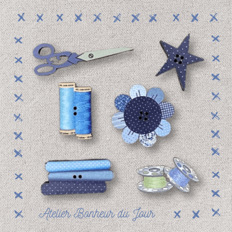 Bouton bois pochette "Mercerie-bleu"