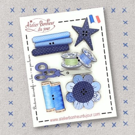 Boutons en bois - Mini pochette "Mercerie-bleu" Atelier Bonheur du jour