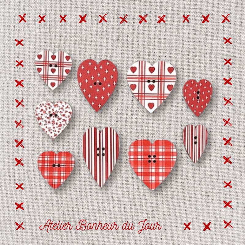 pouch decorative wooden buttons "red hearts" Atelier Bonheur du jour