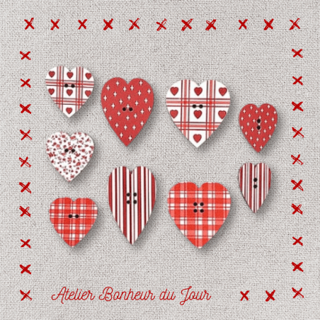Mini pochette boutons décoratifs en bois "Coeurs rouges" Atelier Bonheur du jour