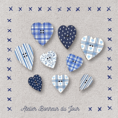 pouch decorative wooden buttons "Blue hearts" Atelier Bonheur du jour