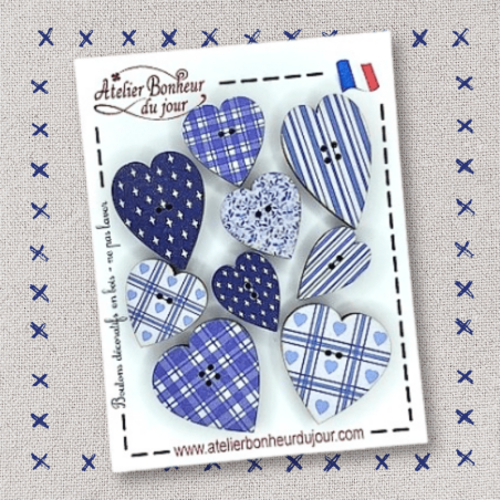 pouch decorative wooden buttons "Blue hearts" Atelier Bonheur du jour