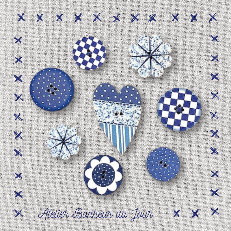 Mini pochette boutons décoratifs en bois "Fleurs et coeurs en bleu" Atelier Bonheur du jour