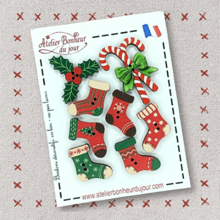 Decorative wooden button “Christmas socks” pouch Atelier bonheur du jour