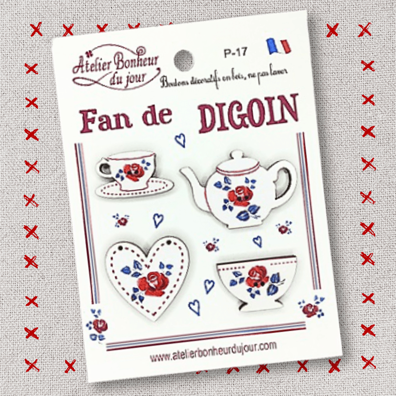 Pochette boutons décoratifs en bois "Fan de Digoin n°1" Atelier bonheur du jour