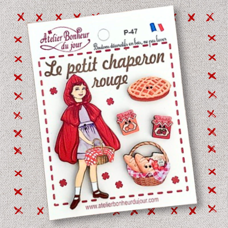 Pochette boutons décoratifs en bois "LE PETIT CHAPERON ROUGE" Atelier bonheur du jour