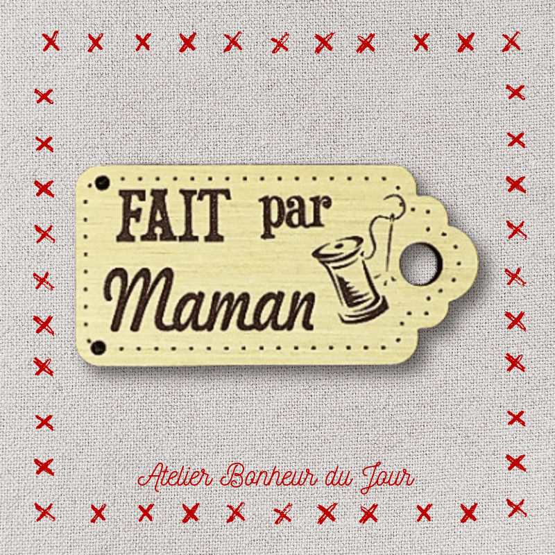 Decorative button - wooden label "Made by mom" Atelier bonheur du jour