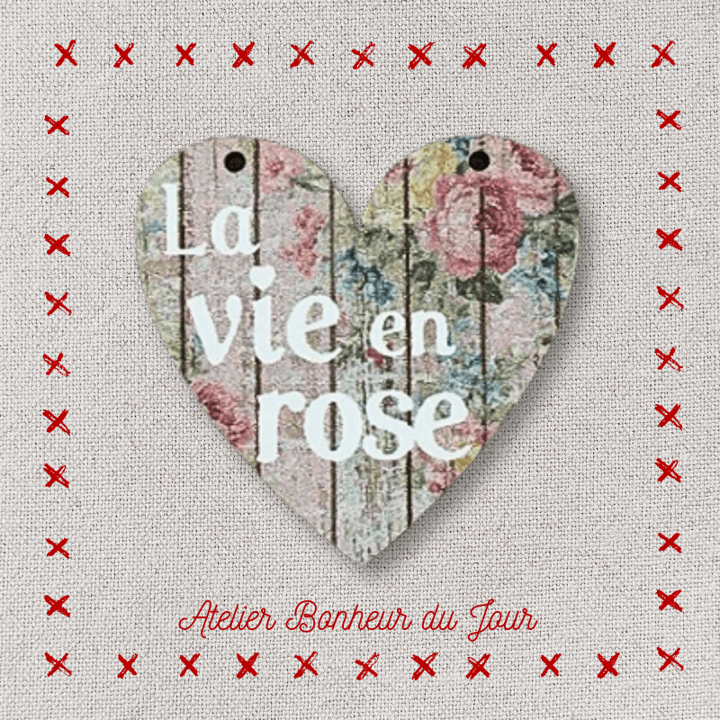 Bouton décoratif en bois "la vie en rose" Coeur à suspendre Atelier bonheur du jour