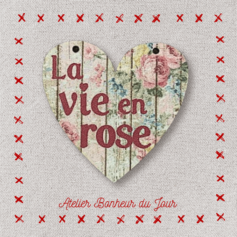 Bouton décoratif en bois "Coeur la vie en rose" Atelier bonheur du jour