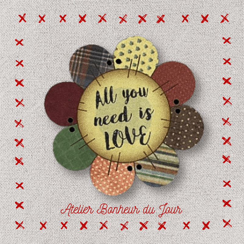 bouton décoratif en bois "Fleur patch All you need is love" Atelier bonheur du jour
