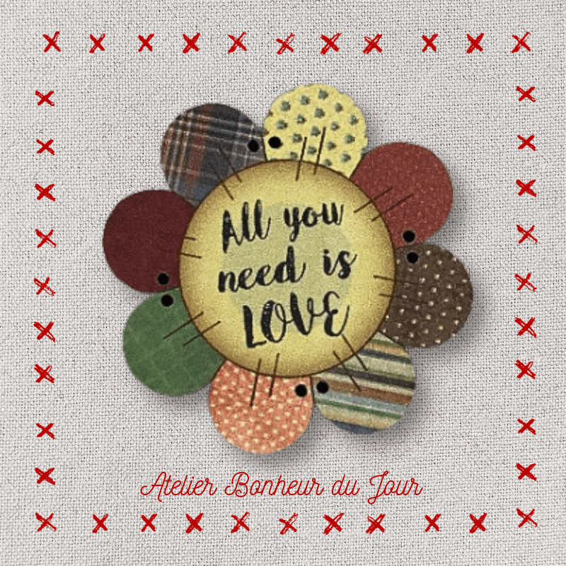 Décorative wooden buttons "All you need is love"  flower patch Atelier bonheur du jour