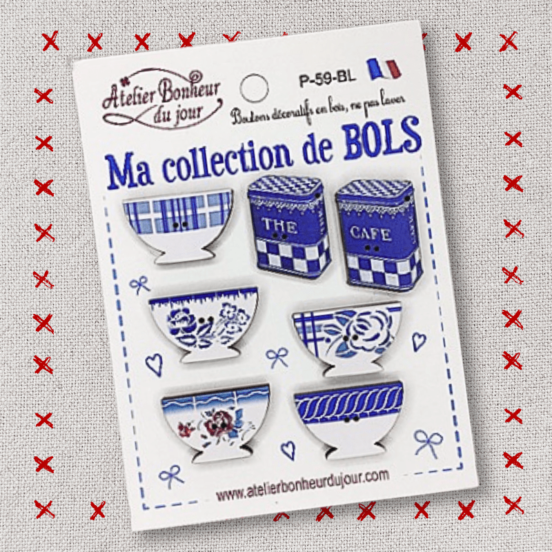 Boutons décoratifs en bois "Ma collection de bols bleus" Atelier bonheur du jour