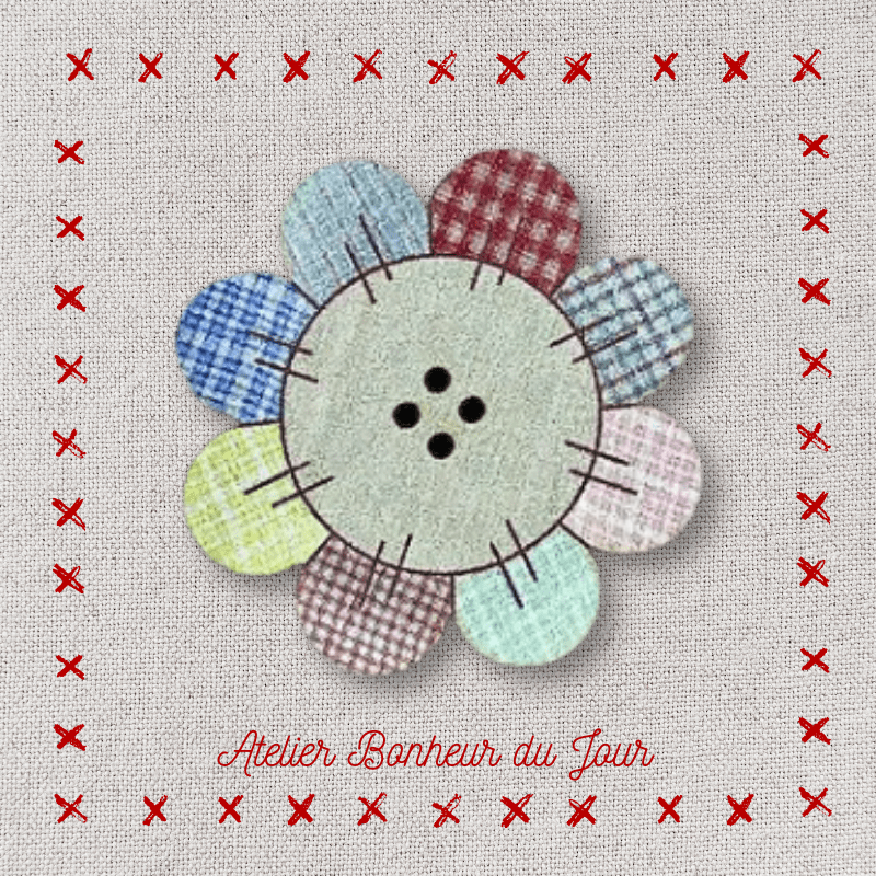 Decorative wooden button "Japanese fabric flower patch" Atelier bonheur du jour