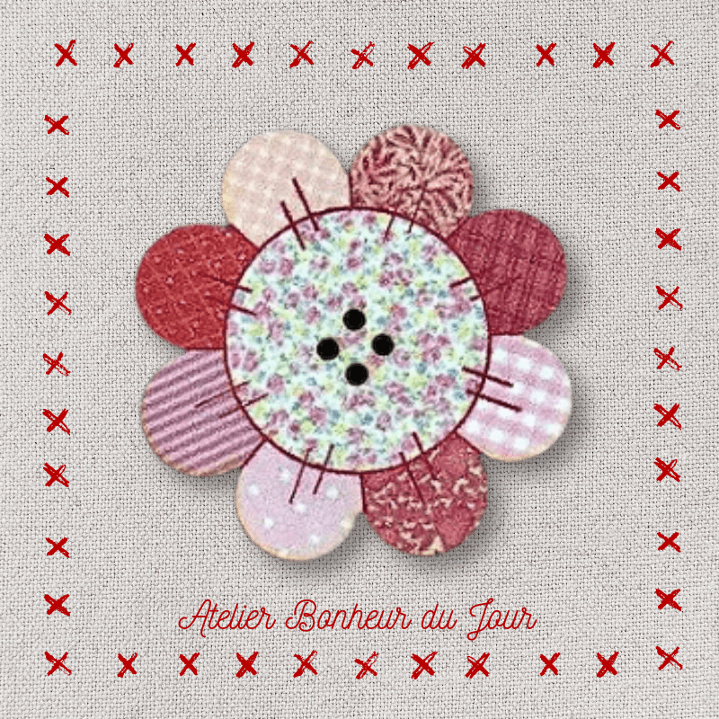 Decorative wooden button "Raspberry flower patch" Atelier bonheur du jour