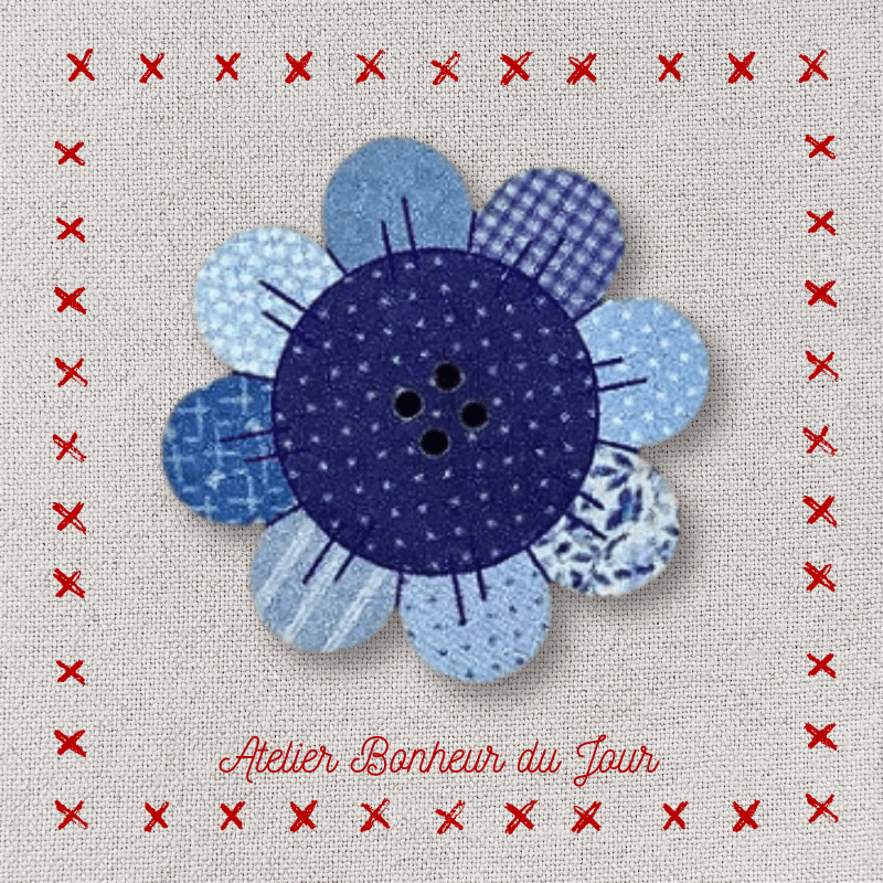 Decorative wooden button "Blue flower patch" Atelier bonheur du jour