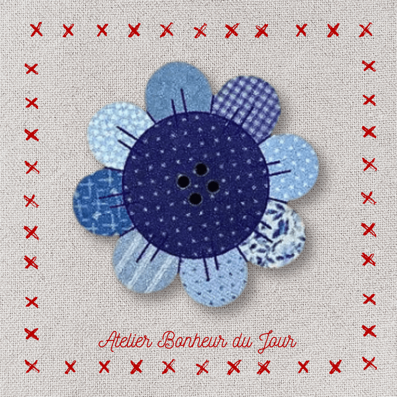Bouton décoratif en bois "Patch fleur bleu" Atelier bonheur du jour