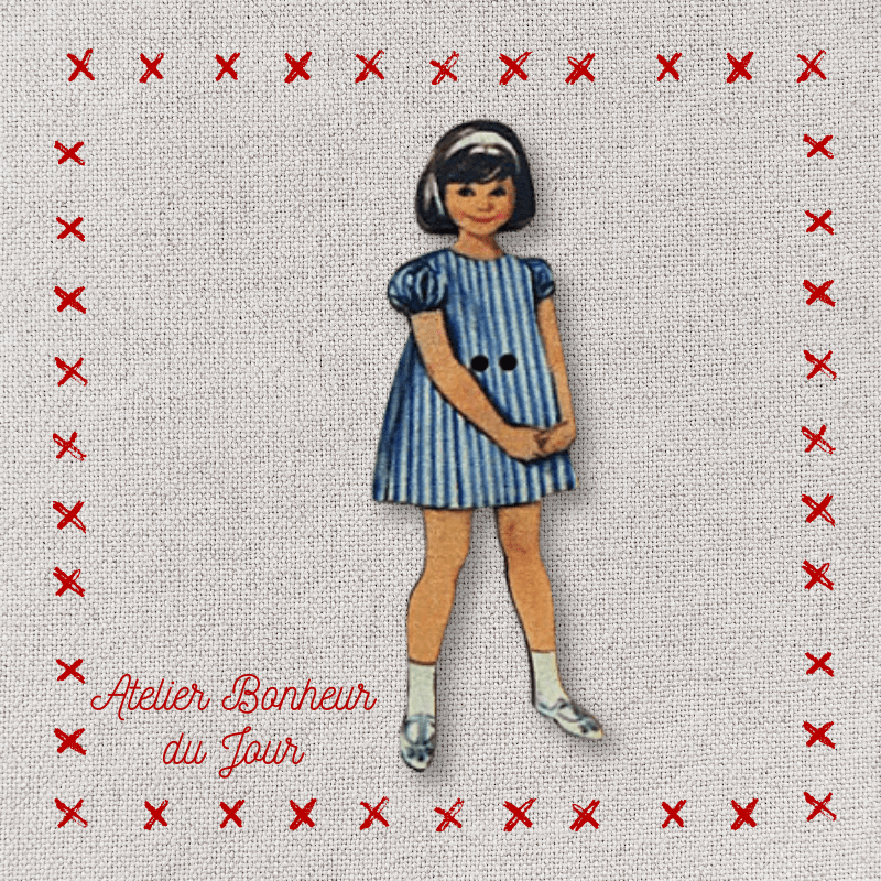 Decorative wooden button "Little girl dress blue stripes" Atelier bonheur du jour