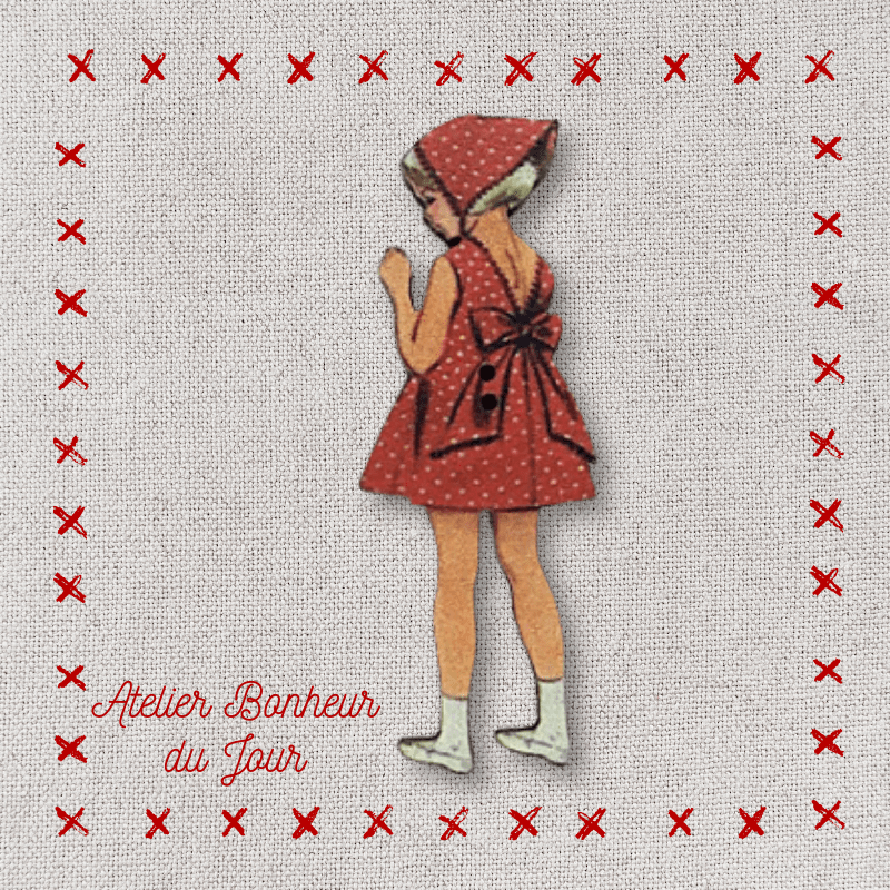 Decorative wooden button "Little girl red polka dot dress" Atelier bonheur du jour